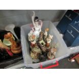 A box of miscellaneous figures, Chinese export vases, bronze effect figure,