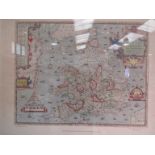 A reproduction of Saxton's 1579 Map of England & Wales, framed and glazed,