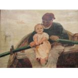 A late 19th Century naive oils on canvas depicting fisherman in rowing boat with young child,