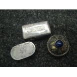 A silver pill box and two silver vinaigrettes