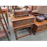 An old charm single drawer hall table on stretcher base,