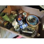 A box of mixed ceramics and glass including slipware bowl,