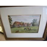 A watercolour of cattle grazing in farmyard, framed and glazed,