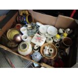 A box of ceramics and metalware including Crown Derby trinket box