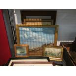 A selection of pictures and prints to include Muriel Clarke gilt framed oil on board of beach front