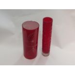 Two red 'Normann of Copenhagen' glass cylindrical vases, frosted scroll and overlay designs,