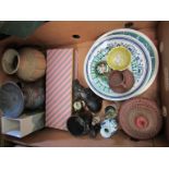 A box of mixed ceramics, 50's glass, ebony hippo,