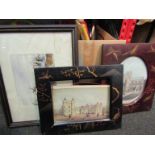 Two chinoiserie framed architectural pictures and a framed and glazed watercolour of winter scene