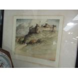 A hand coloured engraving of Harlech Castle after Cyril Anning, pencil signed to margin,
