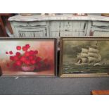 WITHDRAWN - Two framed oils on canvas of flowers and sailship