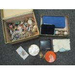 A chest of costume jewellery, compacts, enamelled opera glasses,