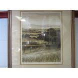 A framed and glazed Kathleen Caddick coloured etching 'The Estuary' pencil signed limited edition
