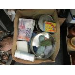 Two boxes of mixed items including Meccano magazines, vintage camera, microphones,