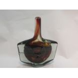 A Mdina Glass fish vase with tortoiseshell colours encased in clear glass, unmarked,