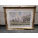 A 20th Century lithograph in a swept gilt frame of Salisbury Cathedral seen across the meadows,