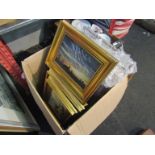 A box containing a quantity of pictures including signed gilt framed oil on boards and animal