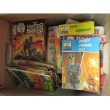 A box containing assorted vintage comic books and a 1950's Boys Own Annual
