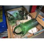 A box of glass including green glass jug and dessert bowls