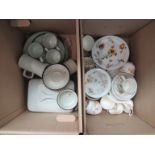 Two boxes of mixed ceramics including Denby dinner wares, Victoria teawares,