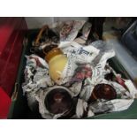 A box containing mixed teapots and Denby jugs