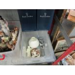 A box containing boxed Doulton figurines, Worcester figure, Worcester egg coddlers,