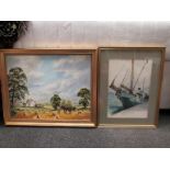 A framed and glazed watercolour of a docked boat and an oil on board country scene