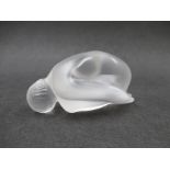 A Lalique figure of girl in childs pose, frosted glass, signed to thigh, 4.