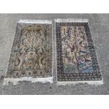 Two hand woven small rugs, one with bird and tree landscape design, the other of temple design,