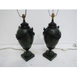 A pair of M Boulton style lamp bases with silk shades. 72cm high.