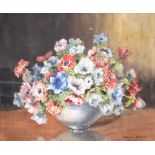 MARION BROOM: Still life watercolour bowl of flowers, 50cm x 60cm,