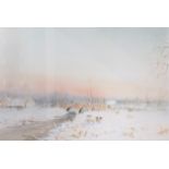 PETER METCALF (1944-2004) Watercolour of Sheep in snow covered field, 38cm x 56cm,