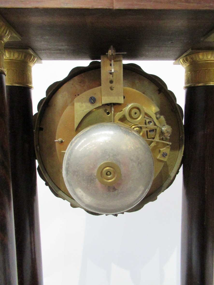 A 19th Century rosewood and satin inlaid French portico mantel clock, - Image 5 of 5