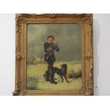 A 19th Century naive oil on canvas of woodsman with dog, winter landscape, unsigned,