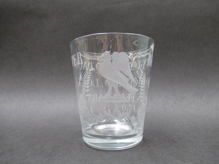 A mid 18th Century finely engraved clear glass commemorative tumbler, inscribed "Betty Lovibond,