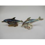 Two Royal Crown Derby Dolphin paperweights, Bottle nose Dolphin, silver stopper and Striped Dolphin,