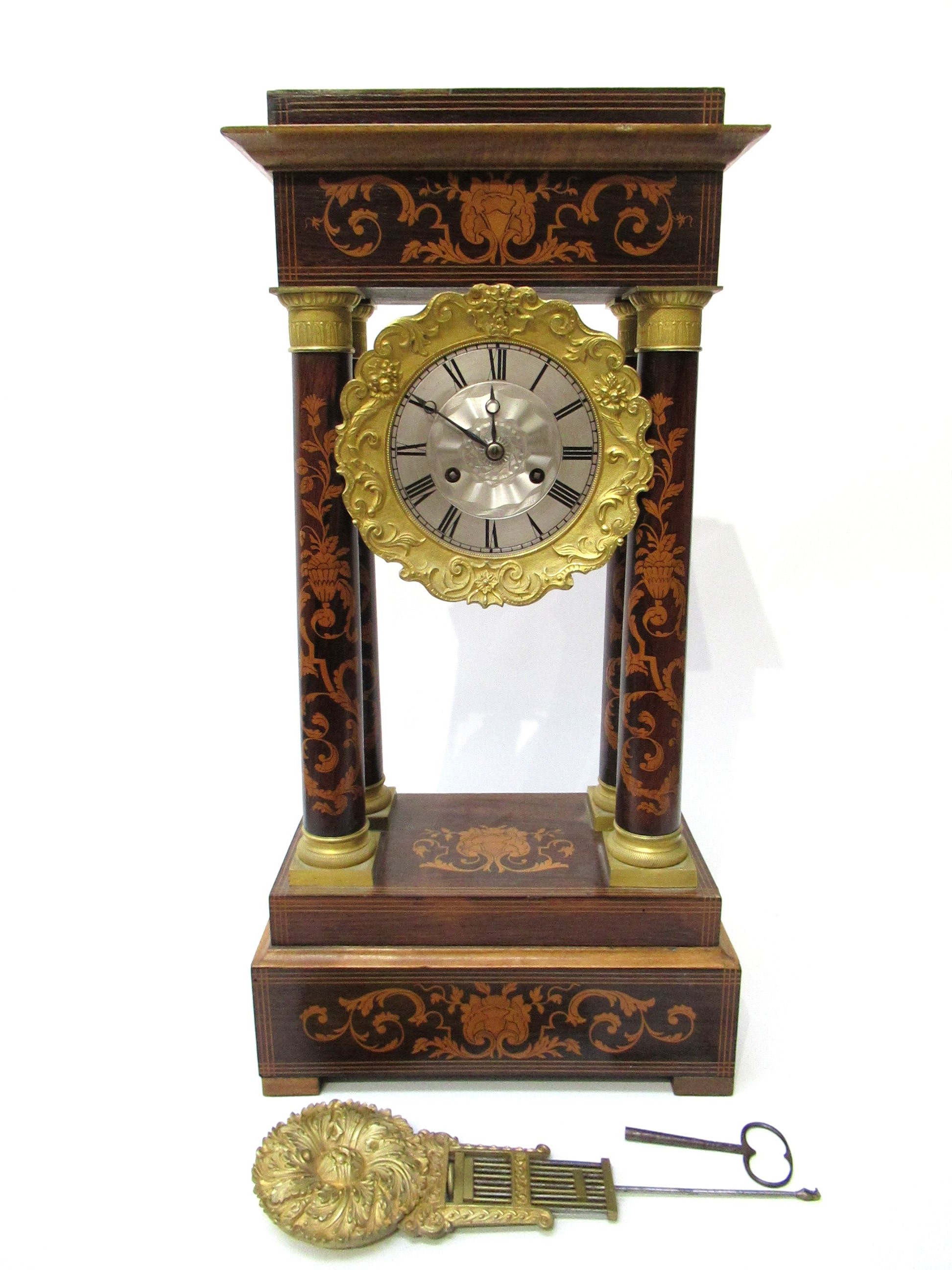 A 19th Century rosewood and satin inlaid French portico mantel clock, - Image 2 of 5