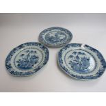 Three Chinese export late 18th Century blue and white plates tree and flower and pagoda and