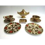 A Royal Crown Derby covered pot and two trios with a pin dish (8)