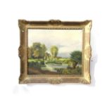 Norwich School, a Victorian oil on canvas, cows and pond in rural scene, unsigned, gilt framed,