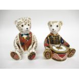 A Royal Crown Derby Teddy bear paperweight, waistcoat and blue bow tie,