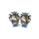 A pair of late 19th Century Continental vases, trout fishing handpainted design,
