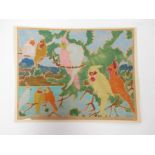 An unframed painting of parrots, signed and dated 1922,