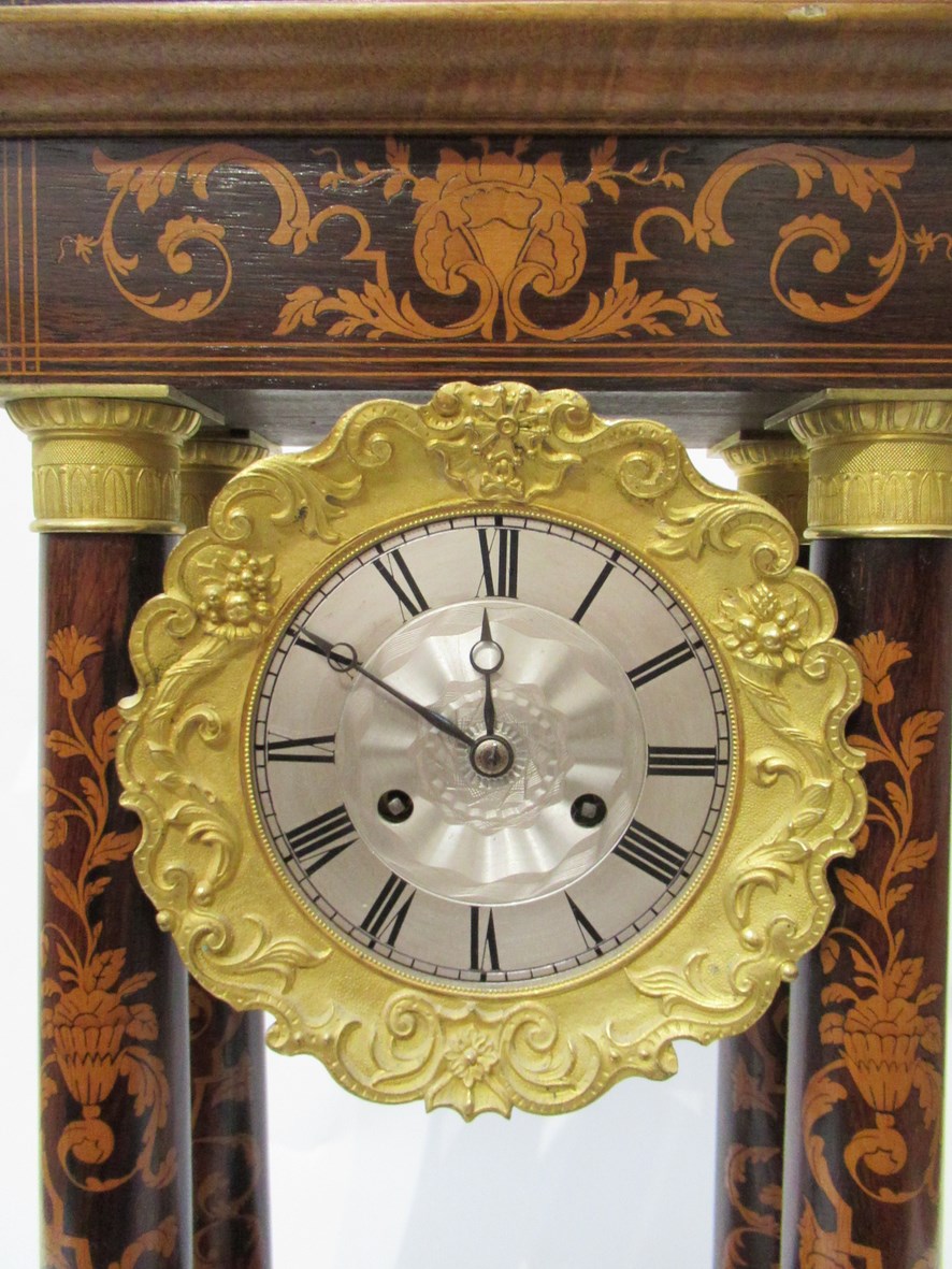 A 19th Century rosewood and satin inlaid French portico mantel clock, - Image 3 of 5