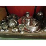 Assorted pewter and plated wares including galleried tray, coffee and teapots,