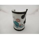 A reproduction Chinese brush pot with koi and character mark design,