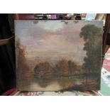 A 19th Century unframed oil on canvas, lady playing lyre by a river, trees and forest to background,