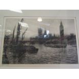 A circa early 20th Century framed and glazed etching depicting Westminster bridge and Palace seen