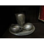 A William Hutton Arts & Crafts pewter coffee set on an English pewter tray