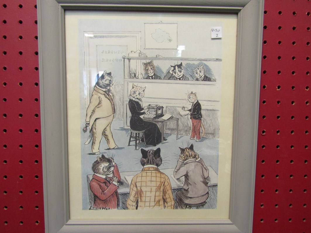 A Louis Wain print "The General Office", framed and glazed,