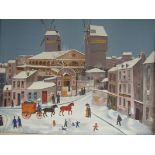 After Michel Delacroix, a lithograph print on Arches paper depicting a French snowy street scene,